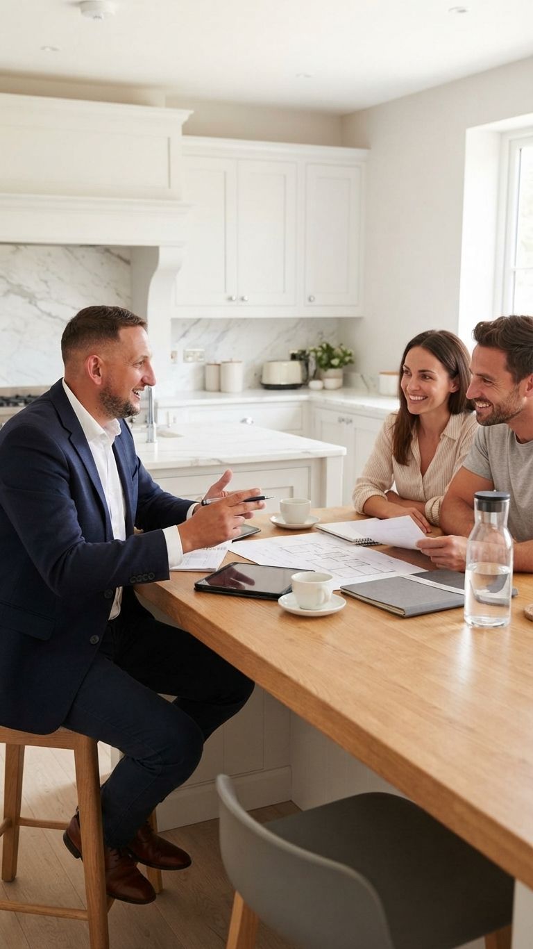 Alex talking a couple through their paperwork at their kitchen table